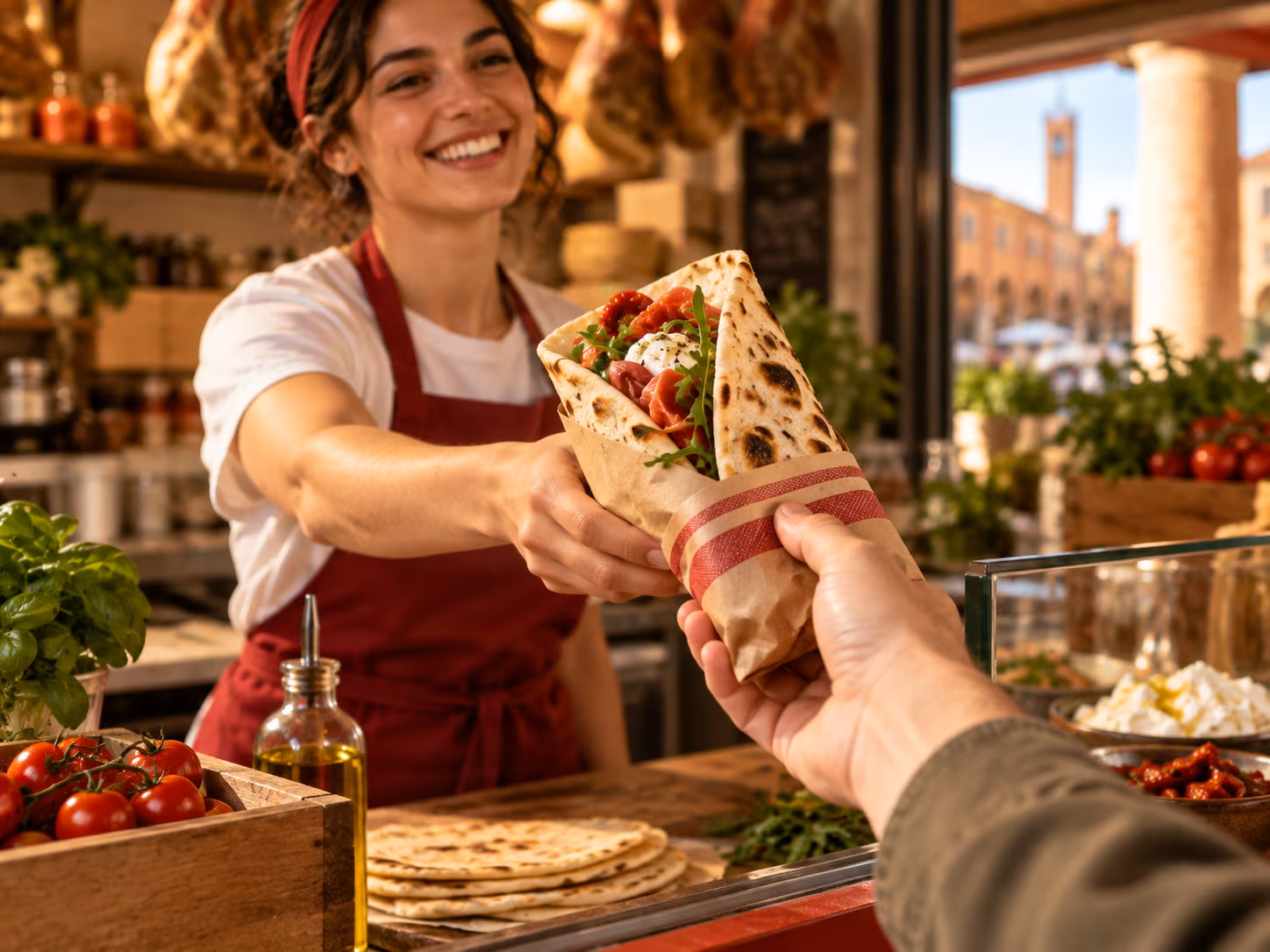 Una piadina appena preparata viene servita al banco.
