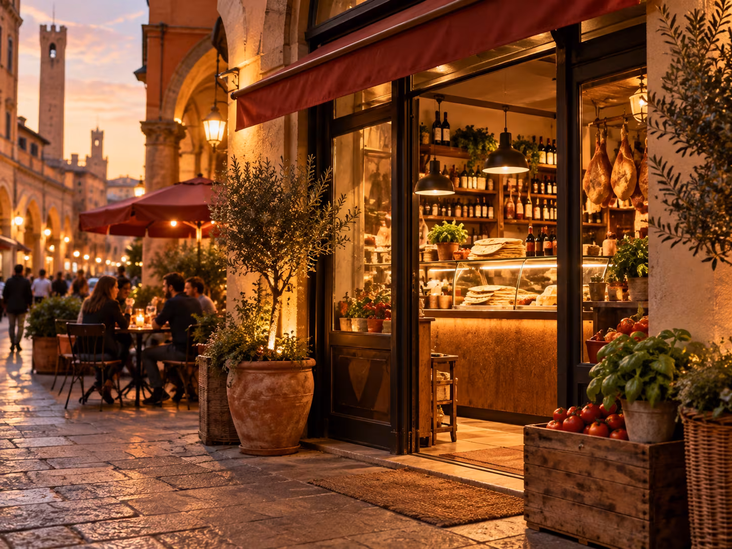 Esterno di una piadineria nel centro di Bologna al tramonto.