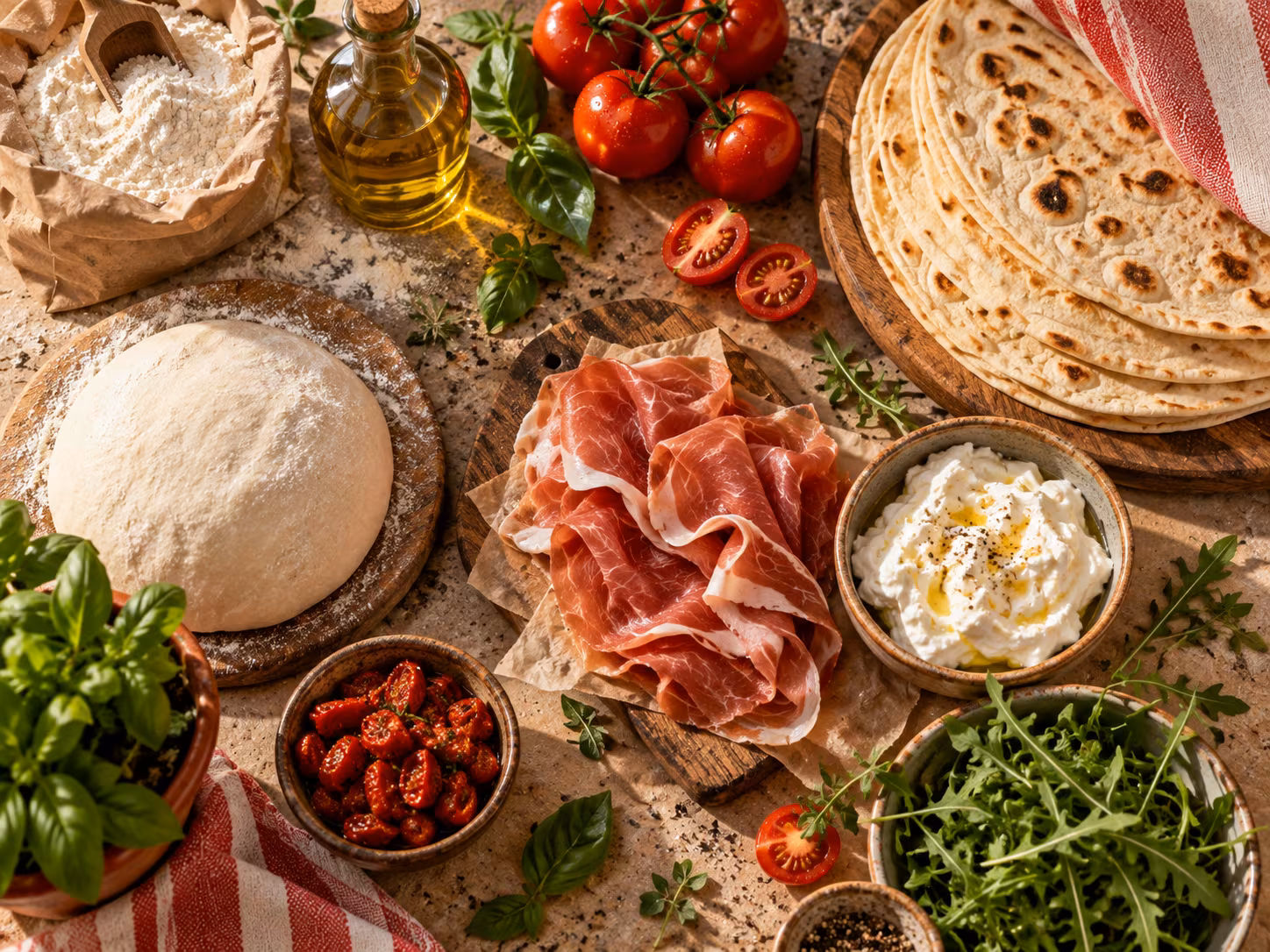 Impasto, piadine, prosciutto, formaggio e verdure disposti sul piano di lavoro.