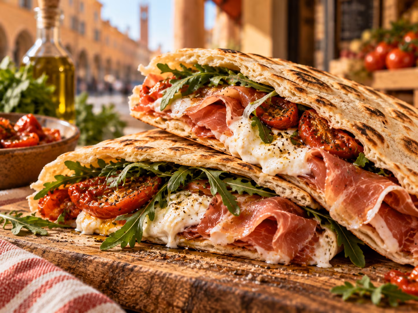 Due piadine con prosciutto, formaggio cremoso, pomodori e rucola.