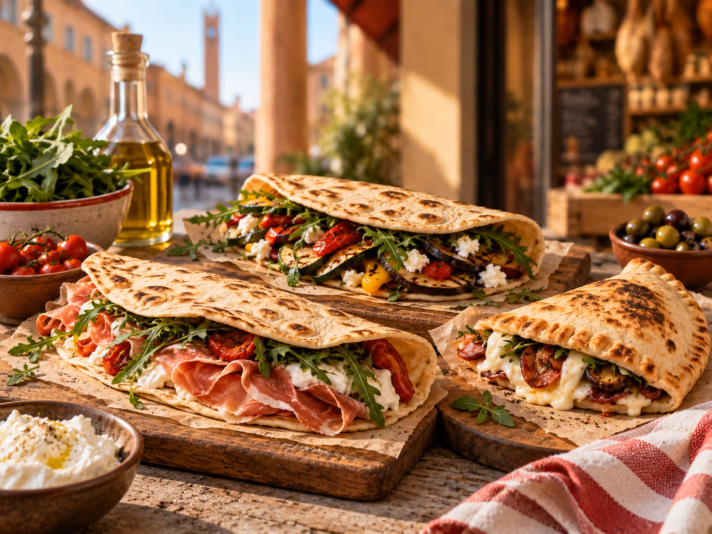 Selezione di piadine e ingredienti sul banco di Spizzi.