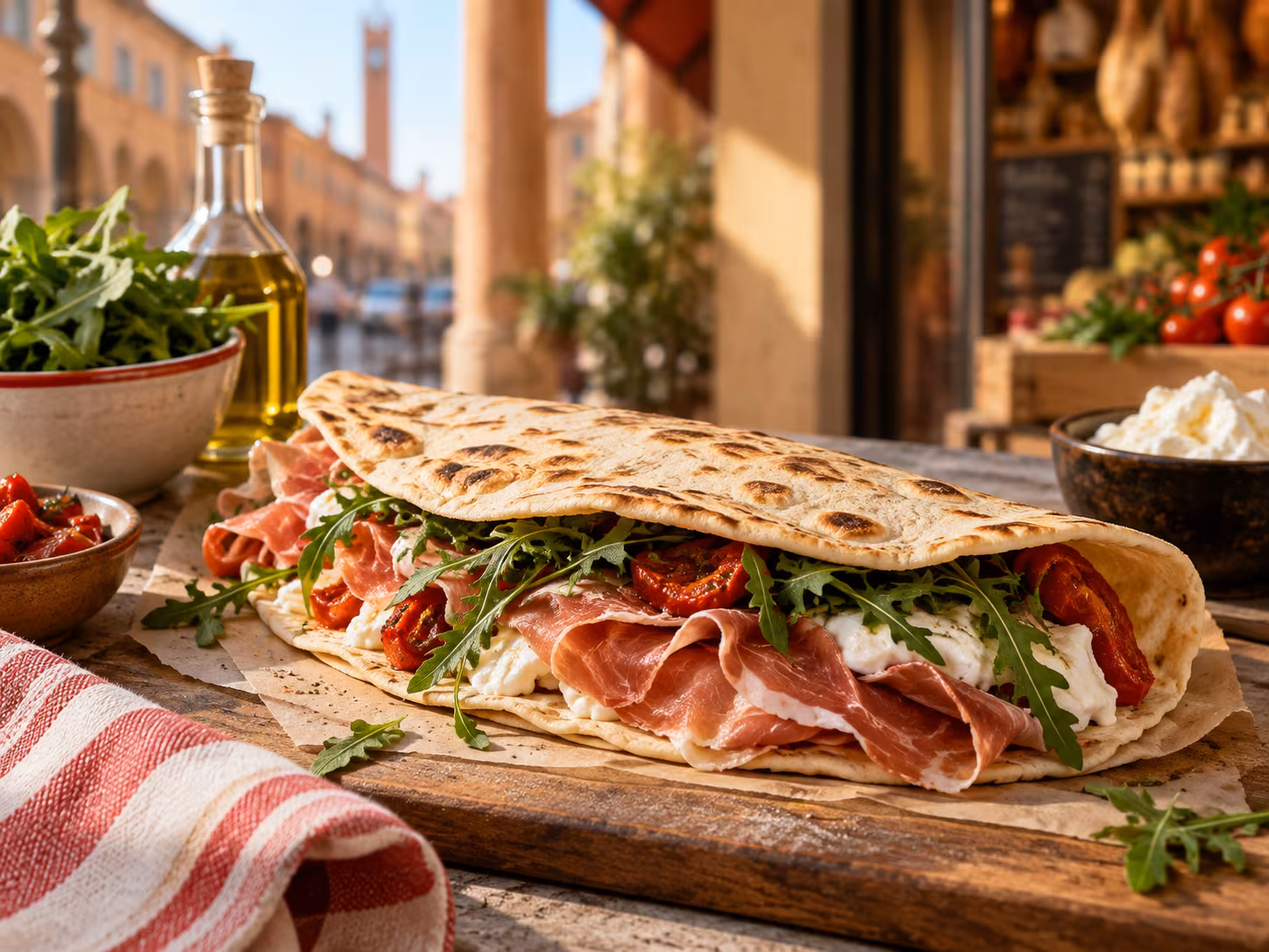 Selezione di piadine e ingredienti sul banco di Spizzi.